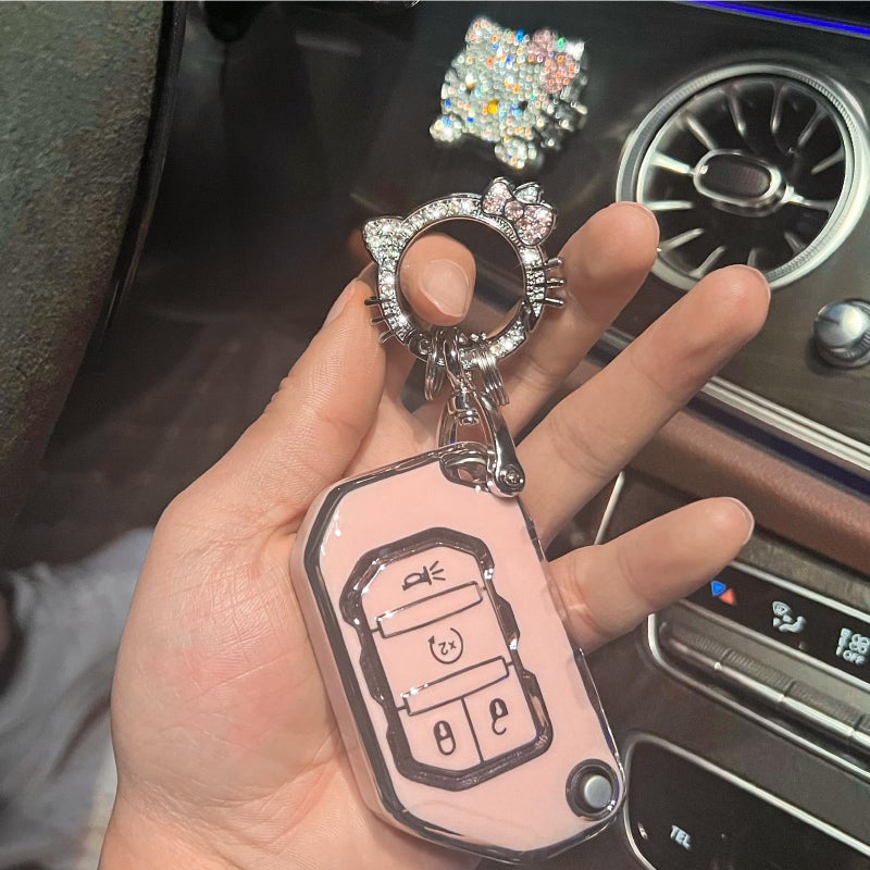 Pangpai Pink Car Accessories 3 Pcs for 2018-2022 Jeep Gladiator Wrangler Sahara Rubicon Key Fob Cover with Bling Keychain Cute Push to Start Button Cover - Image 4